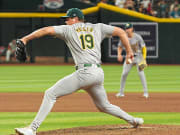 Oakland Athletics closer Mason Miller (19) throws in the ninth inning against Arizona Diamondbacks at Chase Field