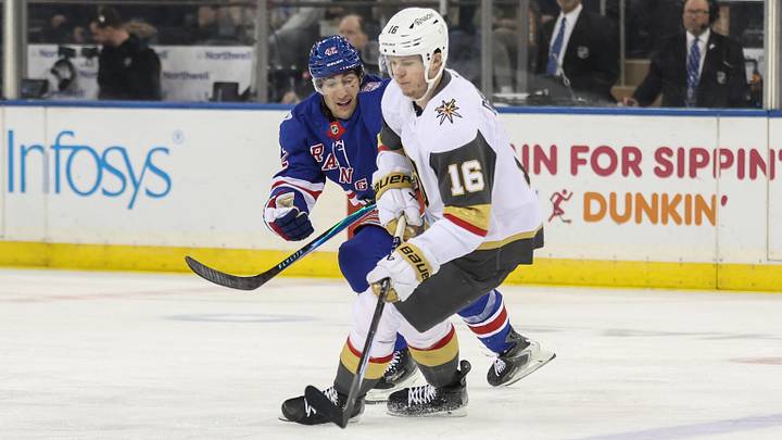 Dec 7, 2025; New York, New York, USA; New York Rangers center Noah Laba (42) and Vegas Golden Knights right wing Pavel Dorofeyev (16) battle for control of the puck in the first period at Madison Square Garden. Mandatory Credit: Wendell Cruz-Imagn Images Dec 7, 2025; New York, New York, USA; New York Rangers center Noah Laba (42) and Vegas Golden Knights right wing Pavel Dorofeyev (16) battle for control of the puck in the first period at Madison Square Garden. Mandatory Credit: Wendell Cruz-Imagn Images