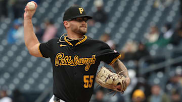 Apr 6, 2025; Pittsburgh, Pennsylvania, USA;  Pittsburgh Pirates relief pitcher Chase Shugart (55) pitches against the New York Yankees during the ninth inning at PNC Park. Mandatory Credit: Charles LeClaire-Imagn Images