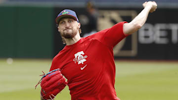 Philadelphia Phillies relief pitcher Matt Strahm (25) throws in the outfield before a game against the Pittsburgh Pirates at PNC Park.
