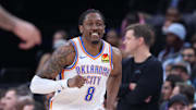 Dec 7, 2025; Salt Lake City, Utah, USA; Oklahoma City Thunder guard Jalen Williams (8) reacts after a dunk against the Utah Jazz during the second half at Delta Center. Mandatory Credit: Rob Gray-Imagn Images