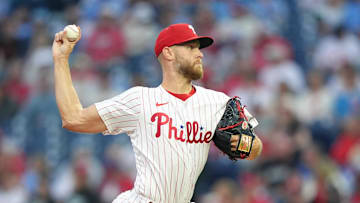 Jun 9, 2025; Philadelphia, Pennsylvania, USA; Philadelphia Phillies starting pitcher Zack Wheeler (45) throws a pitch agianst the Chicago Cubs in the first inning at Citizens Bank Park. 