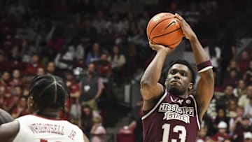 Feb 3, 2024; Tuscaloosa, Alabama, USA;  Mississippi State guard Josh Hubbard (13) shoots against Alabama at Coleman Coliseum. Mandatory Credit: Gary Cosby Jr.-Imagn Images