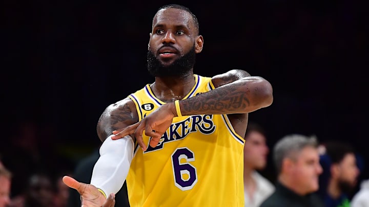 Apr 11, 2023; Los Angeles, California, USA; Los Angeles Lakers forward LeBron James (6) reacts after Los Angeles Lakers guard Dennis Schroder (17) scores a three poibt basket against the Minnesota Timberwolves during the second half at Crypto.com Arena. Mandatory Credit: Gary A. Vasquez-Imagn Images Apr 11, 2023; Los Angeles, California, USA; Los Angeles Lakers forward LeBron James (6) reacts after Los Angeles Lakers guard Dennis Schroder (17) scores a three poibt basket against the Minnesota Timberwolves during the second half at Crypto.com Arena. Mandatory Credit: Gary A. Vasquez-Imagn Images