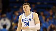 Nov 3, 2025; Los Angeles, California, USA;  UCLA Bruins forward Tyler Bilodeau (34) looks on during the second half against the Eastern Washington Eagles at Pauley Pavilion presented by Wescom Financial. Mandatory Credit: Kiyoshi Mio-Imagn Images
