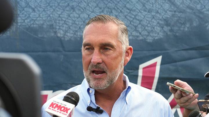 Feb 12, 2025; Jupiter, FL, USA;  St. Louis Cardinals president of baseball operations John Mozeliak takes questions from the media on the day pitchers and catchers report to Spring Training. Mandatory Credit: Jim Rassol-Imagn Images