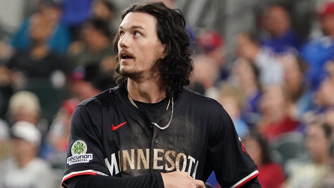 Sep 23, 2025; Arlington, Texas, USA; Minnesota Twins outfielder James Outman (43) looks up at the scoreboard after scoring during the sixth inning against the Texas Rangers at Globe Life Field. Mandatory Credit: Raymond Carlin III-Imagn Images