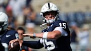 Penn State Nittany Lions quarterback Drew Allar (15) throws a pass during a warmup prior to the game against the Villanova Wildcats at Beaver Stadium. Credit: Matthew O'Haren-Imagn Images