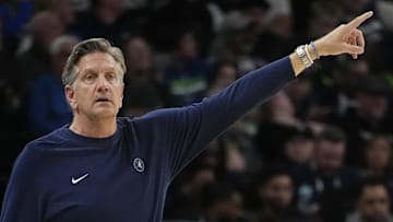 Mar 21, 2025; Minneapolis, Minnesota, USA; Minnesota Timberwolves head coach Chris Finch directs his team as they play the New Orleans Pelicans in the third quarter at Target Center. Mandatory Credit: Bruce Kluckhohn-Imagn Images