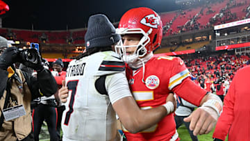 Dec 7, 2025; Kansas City, Missouri, USA; Houston Texans quarterback C.J. Stroud (7) and Kansas City Chiefs quarterback Patrick Mahomes (15) greet each other after the game at GEHA Field at Arrowhead Stadium. Mandatory Credit: Amy Kontras-Imagn Images
