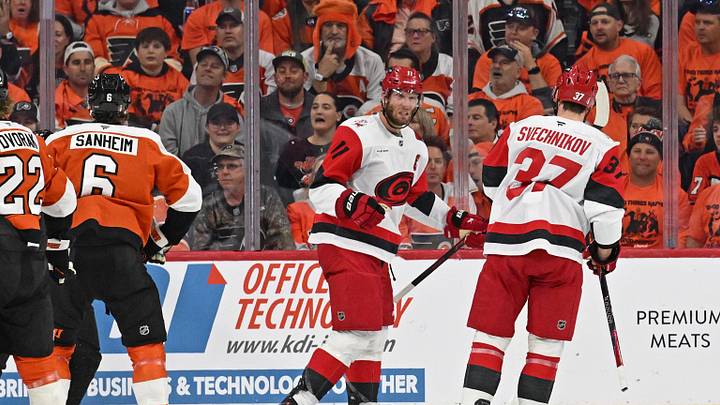 May 7, 2026; Philadelphia, Pennsylvania, USA; Carolina Hurricanes center Jordan Staal (11) celebrates his goal with  right wing Andrei Svechnikov (37) against the Philadelphia Flyers during the first period in game three of the second round of the 2026 Stanley Cup Playoffs at Xfinity Mobile Arena. Mandatory Credit: Eric Hartline-Imagn Images