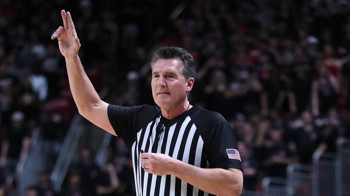Feb 24, 2025; Lubbock, Texas, USA;  Big 12 official Doug Shows makes a call in the first half during the game between the Houston Cougars and the Texas Tech Red Raiders at United Supermarkets Arena. Mandatory Credit: Michael C. Johnson-Imagn Images