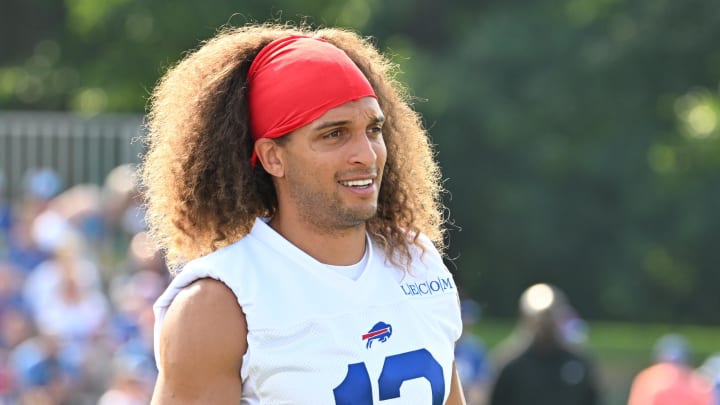 Jul 24, 2024; Rochester, NY, USA; Buffalo Bills wide receiver Mack Hollins (13) on the field during a training camp session at St. John Fisher University. Mandatory Credit: Mark Konezny-USA TODAY Sports