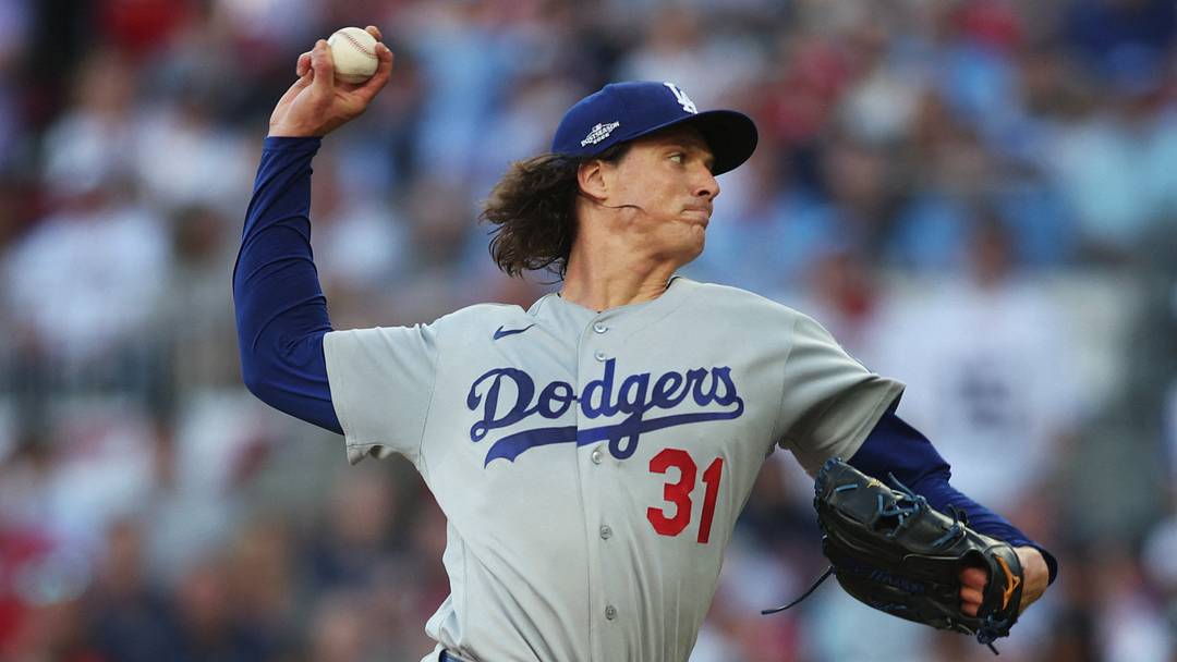 Oct 7, 2026; Cumberland, Georgia, USA;  Los Angeles Dodgers pitcher Tyler Glasnow (31) pitches against the Atlanta Braves during the first inning in game four of the NLDS for the 2026 MLB Playoffs at Truist Park.  Mandatory Credit: Brett Davis-Imagn Images