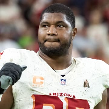 Sep 25, 2025; Glendale, Arizona, USA; Arizona Cardinals defensive lineman Calais Campbell (93) against the Seattle Seahawks at State Farm Stadium. Mandatory Credit: Mark J. Rebilas-Imagn Images