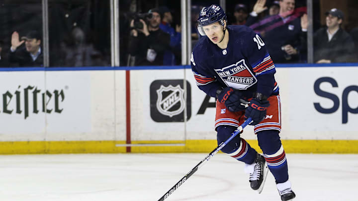 New York Rangers left wing Artemi Panarin (10) skates against the New Jersey Devils: Wendell Cruz-Imagn Images
