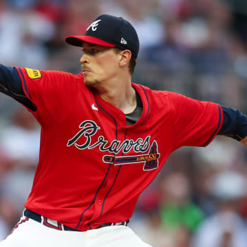 Jul 5, 2024; Atlanta, Georgia, USA; Atlanta Braves starting pitcher Max Fried (54) throws against the Philadelphia Phillies in the first inning at Truist Park. Mandatory Credit: Brett Davis-USA TODAY Sports
