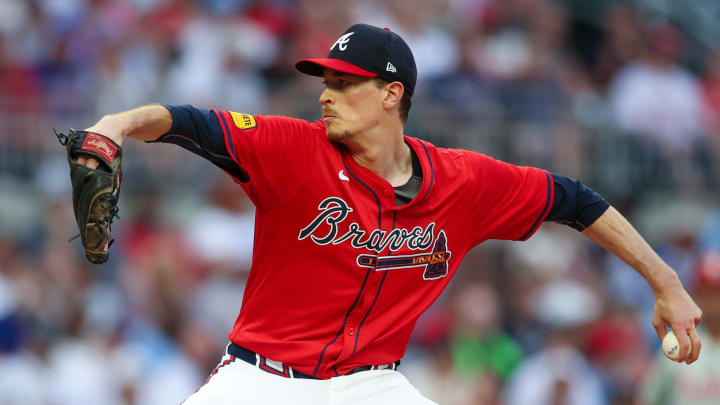 Jul 5, 2024; Atlanta, Georgia, USA; Atlanta Braves starting pitcher Max Fried (54) throws against the Philadelphia Phillies in the first inning at Truist Park. Mandatory Credit: Brett Davis-USA TODAY Sports
