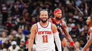 Dec 9, 2025; Toronto, Ontario, CAN; New York Knicks guard Jalen Brunson (11) reacts to a call during the second half against the Toronto Raptors during the 2025-26 NBA Emirates Cup at Scotiabank Arena. Mandatory Credit: Kevin Sousa-Imagn Images