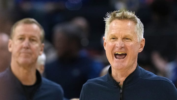 Dec 25, 2025; San Francisco, California, USA; Golden State Warriors head coach Steve Kerr reacts during the fourth quarter against the Dallas Mavericks at Chase Center. Mandatory Credit: Darren Yamashita-Imagn Images