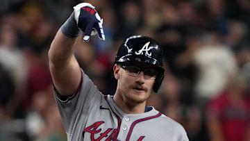 Apr 25, 2025; Phoenix, Arizona, USA; Atlanta Braves catcher Sean Murphy (12) reacts after hitting a double against the Atlanta Braves in the eighth inning at Chase Field. Mandatory Credit: Rick Scuteri-Imagn Images