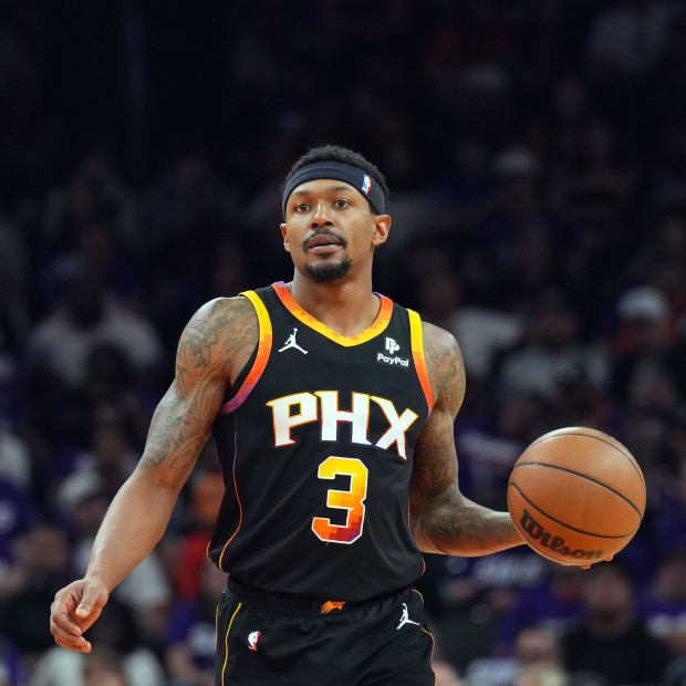 Apr 28, 2024; Phoenix, Arizona, USA; Phoenix Suns guard Bradley Beal (3) dribbles against the Minnesota Timberwolves during the second half of game four of the first round for the 2024 NBA playoffs at Footprint Center. Mandatory Credit: Joe Camporeale-USA TODAY Sports