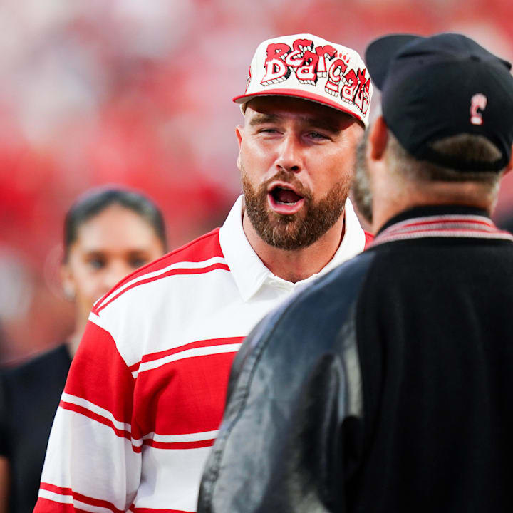 Kansas City Chiefs tight end Travis Kelce appears at the Kansas City Classic season-opening game between the Cincinnati Bearc