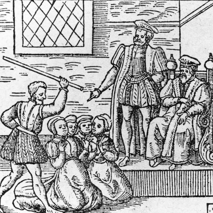 A group of alleged witches being beaten in front of King James VI and I.