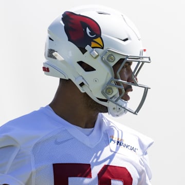 Jun 10, 2025; Tempe, AZ, USA; Arizona Cardinals linebacker Cody Simon (50) during minicamp at the teams Arizona Cardinals Training Facility. Mandatory Credit: Mark J. Rebilas-Imagn Images