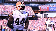 Oct 26, 2025; Foxborough, Massachusetts, USA;  Cleveland Browns tight end Harold Fannin Jr. (44) scores a touchdown  during the first quarter against the New England Patriots at Gillette Stadium. 