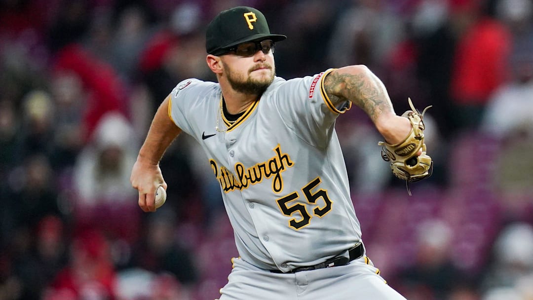 Apr 11, 2025; Cincinnati, Ohio, USA;   Pittsburgh Pirates pitcher Chase Shugart (55) throws against the Cincinnati Reds in the sixthinning at Great American Ball Park. Mandatory Credit: Frank Bowen IV/USA TODAY Network via Imagn Images