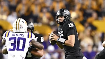 Oct 26, 2024; College Station, Texas, USA; Texas A&M Aggies quarterback Conner Weigman (15) looks to pass the ball during the second quarter against the LSU Tigers. The Aggies defeated the Tigers 38-23; at Kyle Field. Mandatory Credit: Maria Lysaker-Imagn Images.  