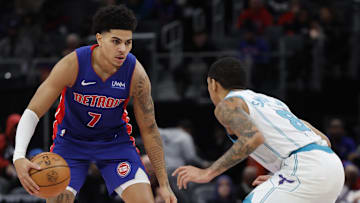 Jan 24, 2024; Detroit, Michigan, USA;  Detroit Pistons guard Killian Hayes (7) dribbles defended by