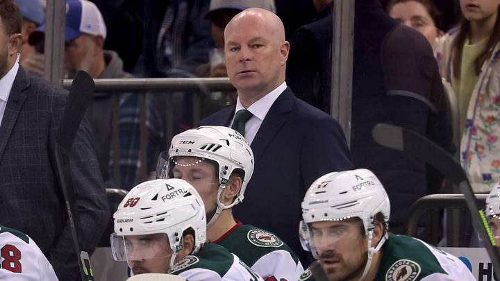 Oct 20, 2025; New York, New York, USA; Minnesota Wild head coach John Hynes coaches against the New York Rangers during the second period at Madison Square Garden. Mandatory Credit: Brad Penner-Imagn Images