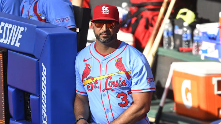 Jun 28, 2025; Cleveland, Ohio, USA; St. Louis Cardinals manager Oliver Marmol (37) stands in the dugout in the eighth inning against the Cleveland Guardians at Progressive Field. Mandatory Credit: David Richard-Imagn Images
