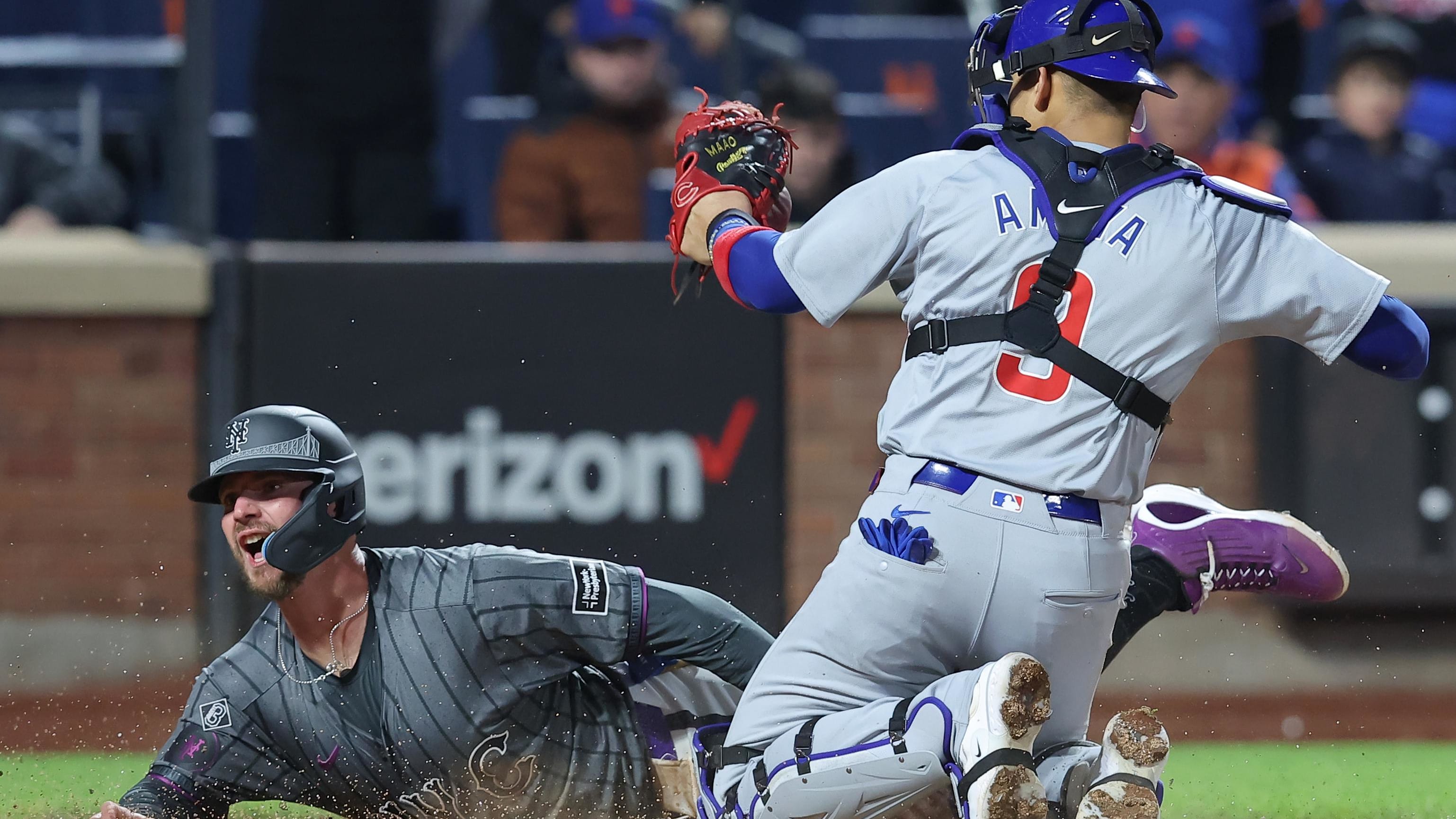 May 1, 2024; New York City, New York, USA; New York Mets first baseman Pete Alonso (20) is tagged at home plate.