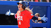 Team USA's Jayda Coleman celebrates a home run during the USA Softball All-Star Showcase at Devon Park.