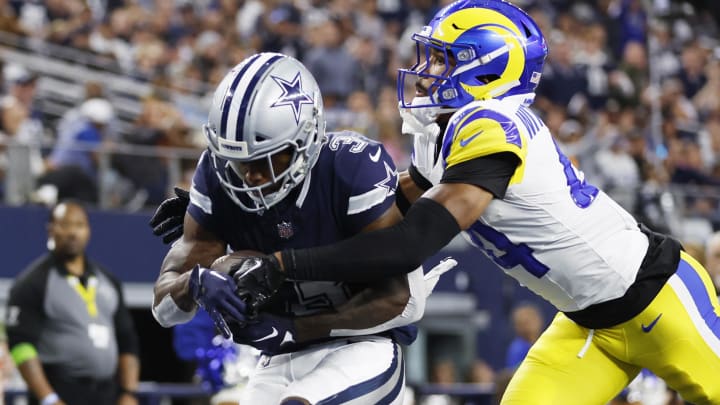 Oct 29, 2023; Arlington, Texas, USA; Dallas Cowboys wide receiver Brandin Cooks (3) catches a touchdown pass in the fourth quarter against Los Angeles Rams cornerback Ahkello Witherspoon (44) at AT&T Stadium. 