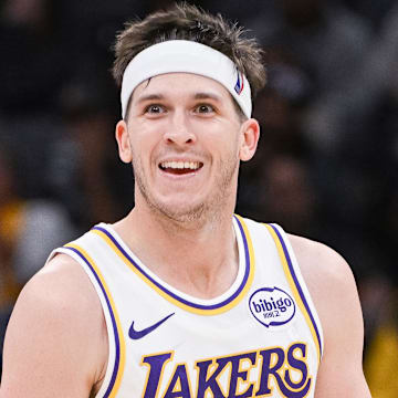 Oct 26, 2025; Sacramento, California, USA; Los Angeles Lakers guard Austin Reaves (15) reacts after making a three point shot against the Sacramento Kings during the fourth quarter at Golden 1 Center. Mandatory Credit: Ed Szczepanski-Imagn Images