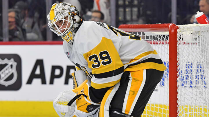 Jan 8, 2024; Philadelphia, Pennsylvania, USA; Pittsburgh Penguins goaltender Alex Nedeljkovic (39) against the Philadelphia Flyers at Wells Fargo Center.