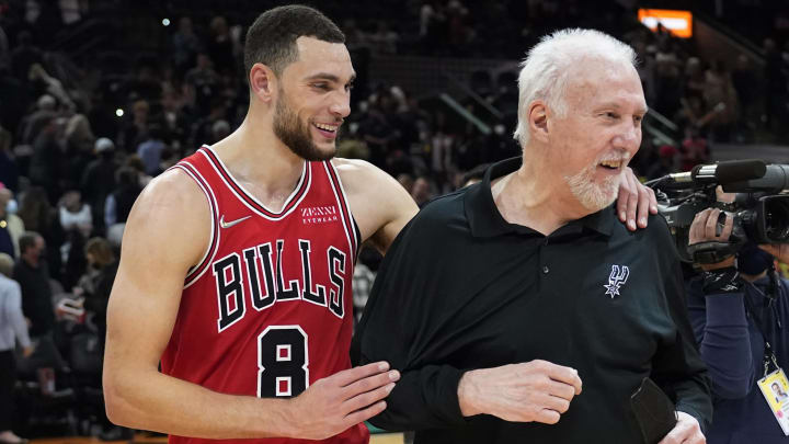 Jan 28, 2022; San Antonio, Texas, USA; Chicago Bullsguard Zach LaVine (8) shares laughs with San Antonio Spurs head coach Gregg Popovich: Scott Wachter-USA TODAY Sports