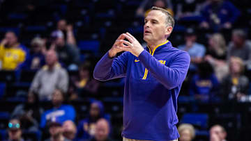 Feb 18, 2025; Baton Rouge, Louisiana, USA;  LSU Tigers head coach Matt McMahon reacts to a play against South Carolina Gamecocks during the first half at Pete Maravich Assembly Center. Mandatory Credit: Stephen Lew-Imagn Images