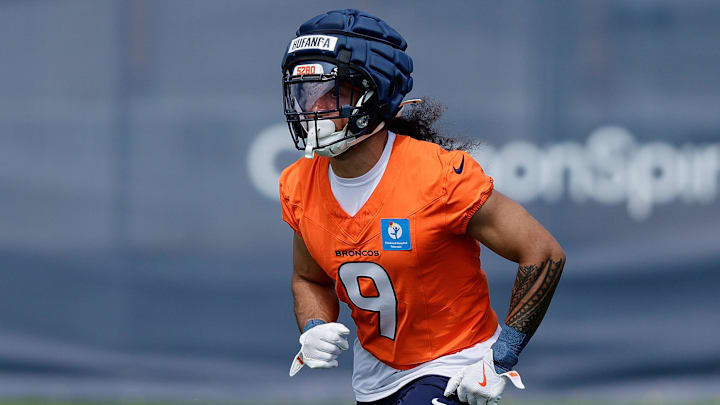 Jul 24, 2025; Englewood, CO, USA; Denver Broncos safety Talanoa Hufanga (9) during Denver Broncos Training Camp. Mandatory Credit: Isaiah J. Downing-Imagn Images