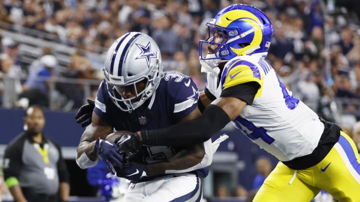 Oct 29, 2023; Arlington, Texas, USA; Dallas Cowboys wide receiver Brandin Cooks (3) catches a touchdown pass in the fourth quarter against Los Angeles Rams cornerback Ahkello Witherspoon (44) at AT&T Stadium. Mandatory Credit: Tim Heitman-USA TODAY Sports