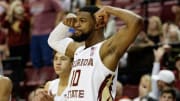 Florida State Seminoles forward Malik Osborne (10) celebrates his teammate's basket. The Florida State Seminoles defeated the Duke Blue Devils 79-78 in overtime at the Donald L. Tucker Civic Center on Tuesday, Jan. 18, 2022.

Fsu V Duke Second Half686

Syndication Tallahassee Democrat