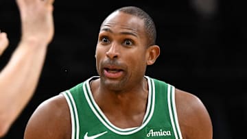 Dec 4, 2024; Boston, Massachusetts, USA; Boston Celtics center Al Horford (42) reacts after being called for a foul during the fourth quarter of a game against the Detroit Pistons at the TD Garden. Mandatory Credit: Brian Fluharty-Imagn Images
