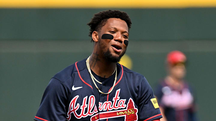 Feb 27, 2026; North Port, Florida, USA;  Atlanta Braves right fielder Ronald Acuna Jr. (13) warms up before the start of the game against the Boston Red Sox during spring training at CoolToday Park. Mandatory Credit: Jonathan Dyer-Imagn Images