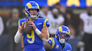 Nov 2, 2025; Inglewood, California, USA; Los Angeles Rams quarterback Matthew Stafford (9) stands in the pocket against the New Orleans Saints during the first half at SoFi Stadium. Mandatory Credit: Jayne Kamin-Oncea-Imagn Images