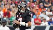Nov 2, 2025; Houston, Texas, USA; Houston Texans quarterback C.J. Stroud (7) drops to throw during the first half against the Denver Broncos at NRG Stadium. Mandatory Credit: Sean Thomas-Imagn Images