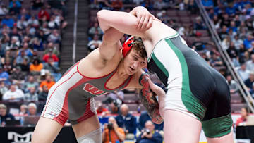 West Allegheny's Ty Watters wrestles Central Dauphin's Ryan Garvick in the 152-pound championship bout at the PIAA Class 3A Wrestling Championships at the Giant Center on March 11, 2023, in Hershey. Watters won by major decision, 11-3. Watters is currently a sophomore at West Virginia and was a 2023-24 All-American.